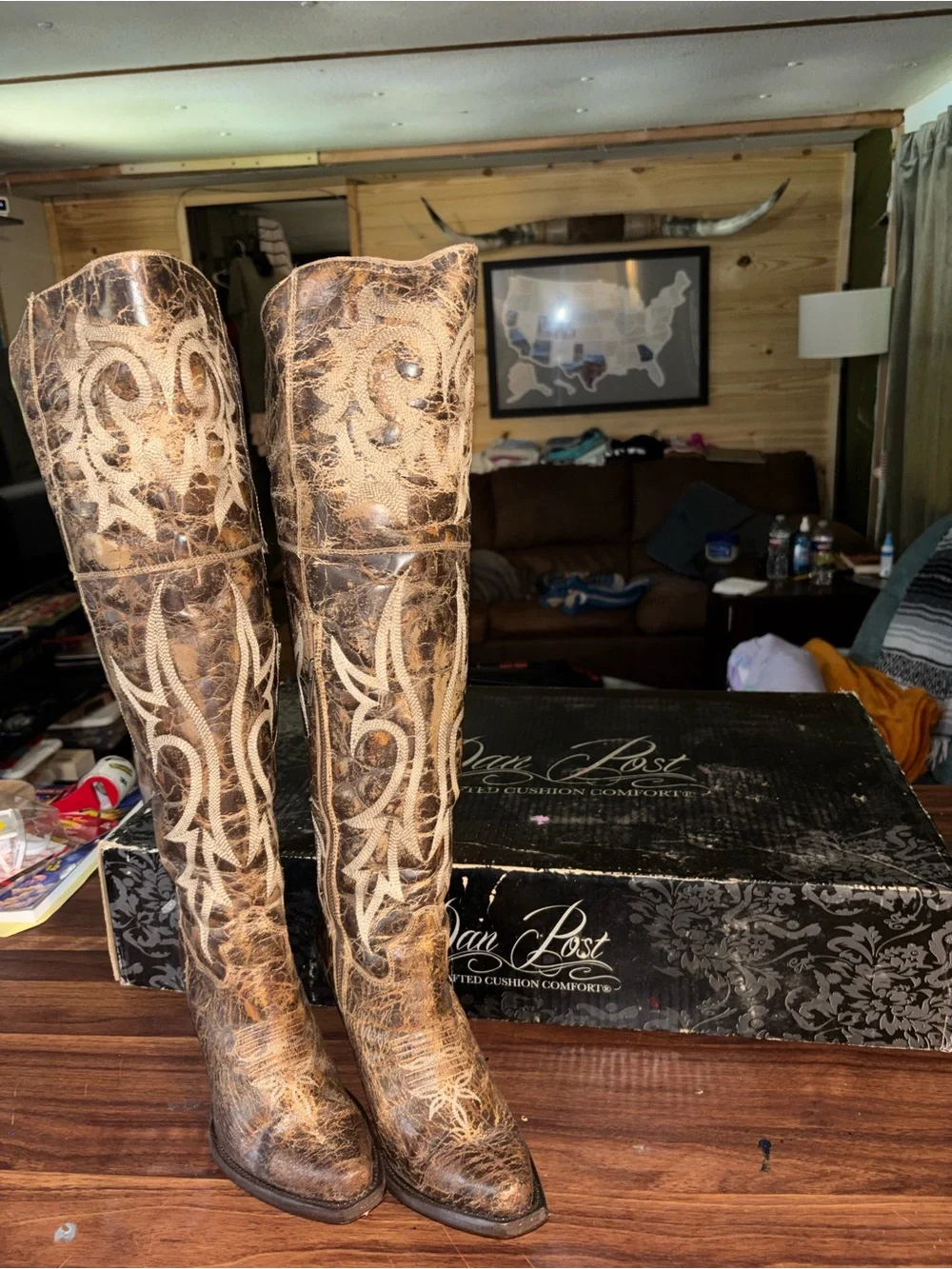 Dan Post Brown and Cream Embroidered Tall Western Boots